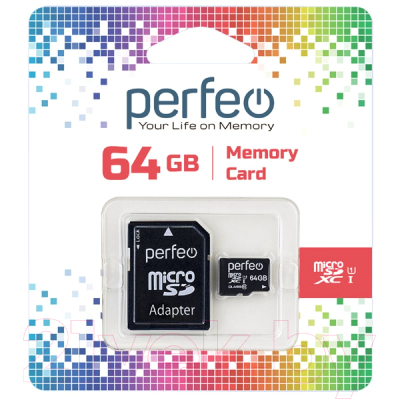 Карта памяти Perfeo MicroSDXC 64GB (Class 10) + адаптер / PF64GMCSX10U1A - фото