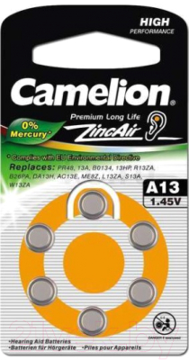 Комплект батареек Camelion ZA13 BL-6 Mercury Free / A13-BP6 - фото