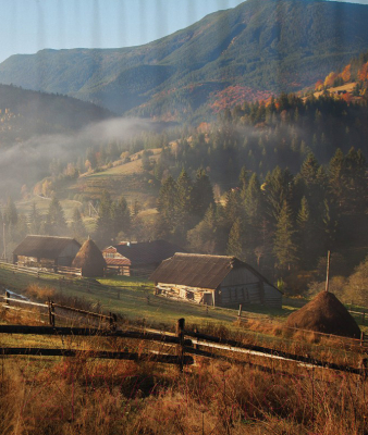 Шторка-занавеска для ванны JoyArty Туманный поселок в горах / sc_2606 - фото