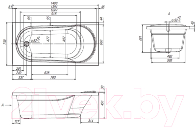 Ванна акриловая Ventospa Aqua 150x75 (с ножками)