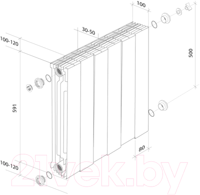 Радиатор биметаллический Royal Thermo PianoForte 500 Bianco Traffico (6 секций, с монтажным комплектом и угловыми кранами)