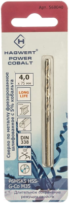 Сверло Hagwert Power-Cobalt 4.0х75мм Р6М5К5 / 568040 - фото