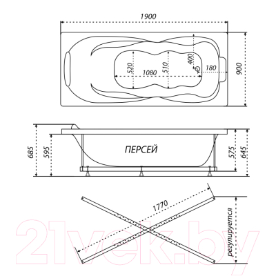 Ванна акриловая Triton Персей 190x90 (с каркасом, сифоном и экраном)