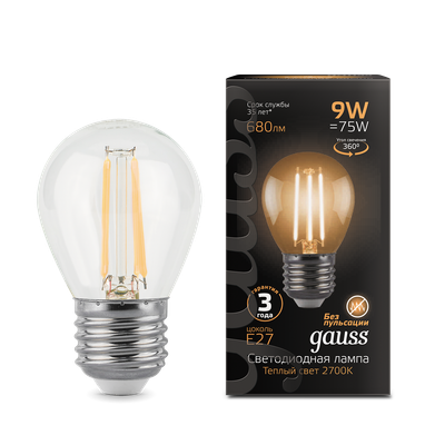 Лампа Gauss Filament Шар 9W 680lm 2700К Е27 / 105802109
