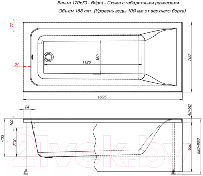 Ванна акриловая Aquanet Bright 170x70 / 267791 (с каркасом)