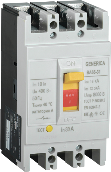 Выключатель автоматический Generica ВА 66-31 3Р 100А 18кА / SAV10-3-0100-G - фото