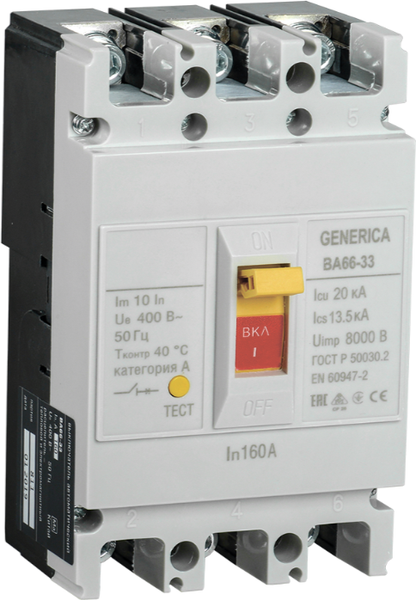 Выключатель автоматический Generica ВА 66-33 3Р 160А 20кА / SAV20-3-0160-G - фото