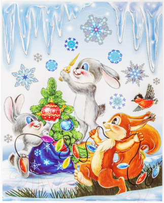 Набор наклеек на окно Золотая сказка Зверята и елка / 591186 - фото