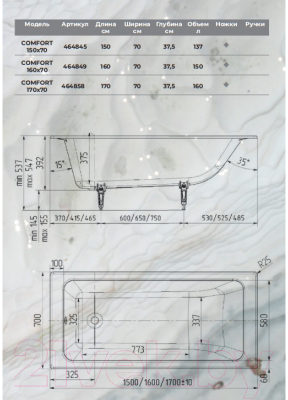 Ванна чугунная Maroni Comfort 150x70