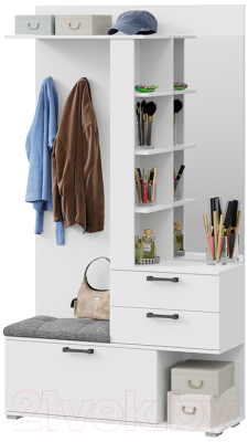 Секция в прихожую ТриЯ Эрика с крючками и зеркалом тип 2 (белый ясень) - фото