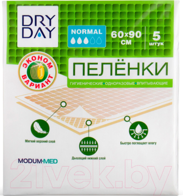 Набор пеленок одноразовых впитывающих Modum Dry Day Normal 60x90 - фото