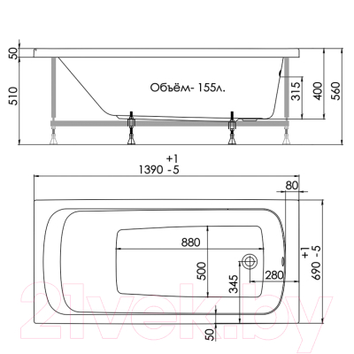 Ванна акриловая 1AcReal Gamma 140x70 (с ножками)