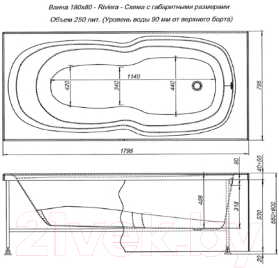 Ванна акриловая Aquanet Riviera 180x80