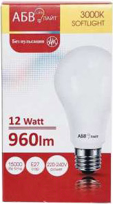 Лампа АБВ LED лайт A60 12W E27 3000К