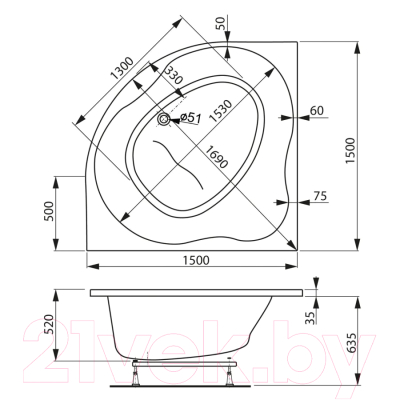 Ванна акриловая VagnerPlast Plejada 150x150 / VPBA150PLE3X-04 (с каркасом)