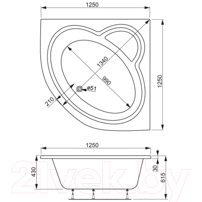 Ванна акриловая VagnerPlast Catalina Mini 125x125 / VPBA125CTM3X-04 (с каркасом и экраном)