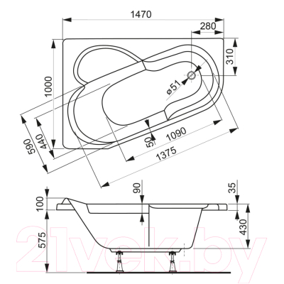 Ванна акриловая VagnerPlast Selena 147x100 R / VPBA141SEL3PE-04 (с каркасом)