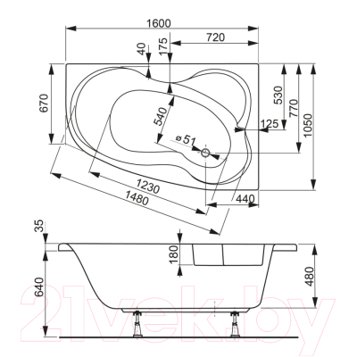 Ванна акриловая VagnerPlast Melite 160x105 R / VPBA163MEL3PX-04 (с каркасом)