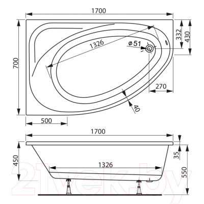 Ванна акриловая VagnerPlast Hapi 170x110 R / VPBA170HAP3PX-04 (с каркасом)