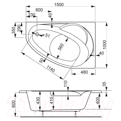 Ванна акриловая VagnerPlast Flora 150x100 R / VPBA151FLA3PX-04 (с каркасом)