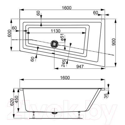 Ванна акриловая VagnerPlast Cavallo 160x90 R / VPBA169CAV3PX-04 (с каркасом)