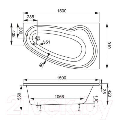 Ванна акриловая VagnerPlast Avona 150x90 R / VPBA159AVO3PX-04 (с каркасом)