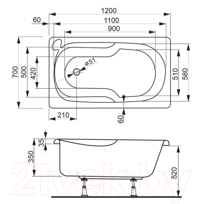 Ванна акриловая VagnerPlast Nike 120x70 / VPBA127NIK2E-04 (с каркасом)