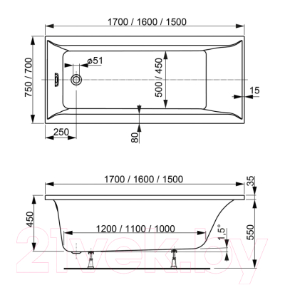 Ванна акриловая VagnerPlast Veronela 170x75 / VPBA170VEA2X-04 (с каркасом)