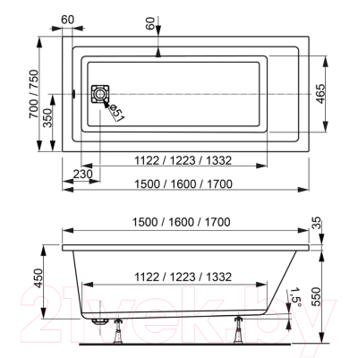 Ванна акриловая VagnerPlast Cavallo 150x70 / VPBA157CAV2X-04 (с каркасом)