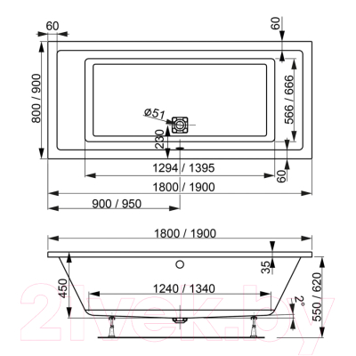 Ванна акриловая VagnerPlast Cavallo 180x80 / VPBA180CAV2X-04 (с каркасом)