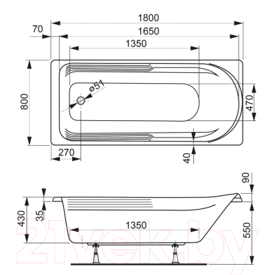 Ванна акриловая VagnerPlast Hera 180x80 / VPBA180HER2X-04 (с каркасом)