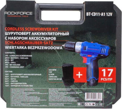 Аккумуляторная дрель-шуруповерт RockForce BT-CD11-A1 12V (с набором аксессуаров)