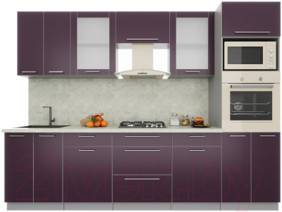 Кухонный гарнитур Интерлиния Мила Пластик 2.8 (слива/слива глянец/опал светлый) - фото