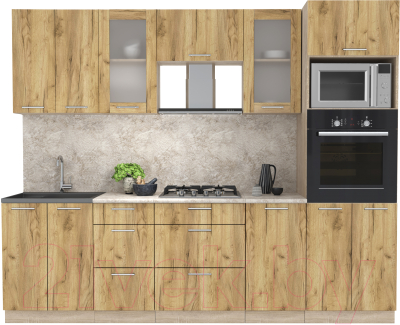 Кухонный гарнитур Интерлиния Мила 2.6 ВТ (дуб золотой/дуб золотой/малага) - фото