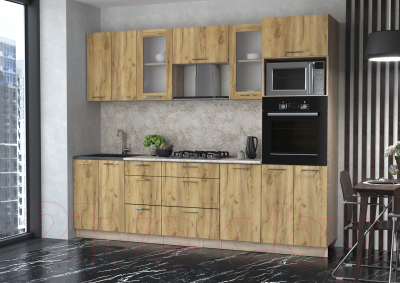 Кухонный гарнитур Интерлиния Мила 2.6 ВТ (дуб золотой/дуб золотой/малага)