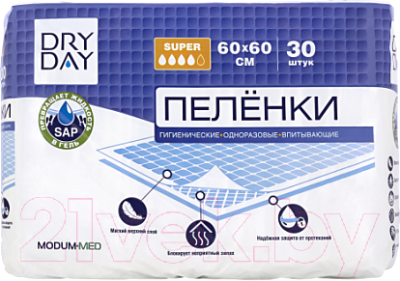 Набор пеленок одноразовых впитывающих Modum Dry Day Super 60x60 - фото