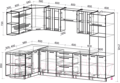 Кухонный гарнитур Интерлиния Мила Пластик 1.68x3.0 левая