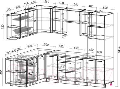 Кухонный гарнитур Интерлиния Мила Пластик 1.88x2.6 левая