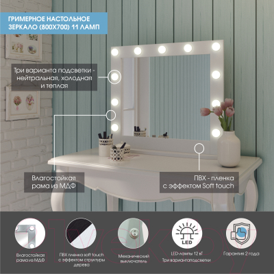 Зеркало Континент Гримерное 11 ламп 80х70 (белый)