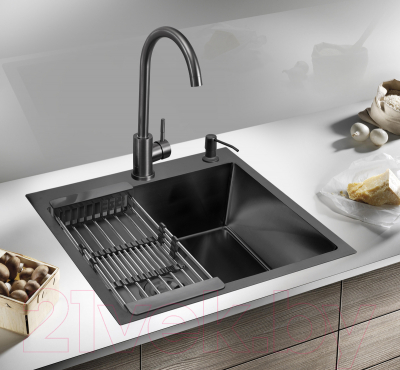 Мойка кухонная РМС MR-6050BL (корзина раздвижная и дозатор врезной)