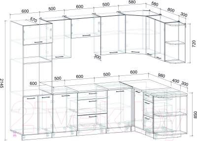 Кухонный гарнитур Интерлиния Мила Лайт 1.68x2.8 правая