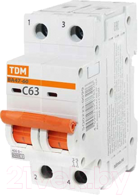 Выключатель автоматический TDM ВА 47-60 2P 63А (С) 6кА / SQ0223-0099 - фото