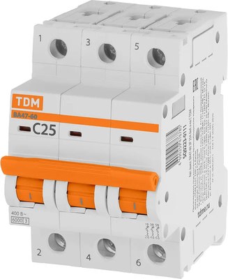 Выключатель автоматический TDM ВА 47-60 3P 25А (С) 6кА / SQ0223-0111 - фото