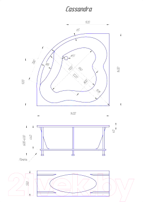 Ванна акриловая 1Марка Cassandra 140x140 (с каркасом)