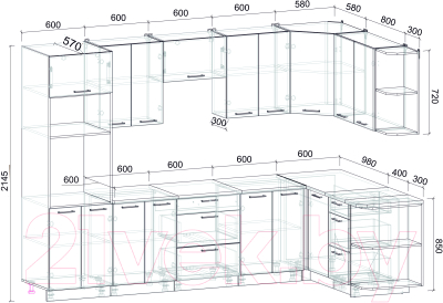Готовая кухня Интерлиния Мила Лайт 1.68x3.0 правая