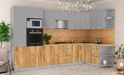 Кухонный гарнитур Интерлиния Мила Лайт 1.68x3.4 правая (серебристый/дуб золотой/дуб бунратти)