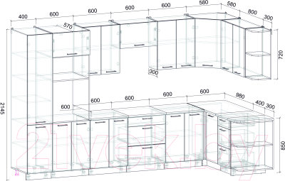Готовая кухня Интерлиния Мила Лайт 1.68x3.4 правая