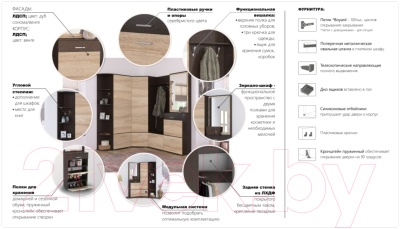 Секция в прихожую Империал Виола (белый/ателье светлый, с зеркалом)