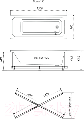 Ванна акриловая Triton Прага 150x70 (с каркасом, сифоном и экраном)