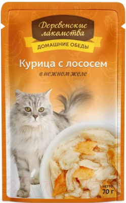 Влажный корм для кошек Деревенские лакомства Домашние обеды курица с лососем в нежном желе / 74500639 - фото